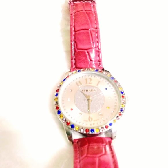 WATCH, BRACELET&HOOP EARRINGS SET*STRADA*PINK BAND*RAINBOW AUSTRIAN CRYSTALS. - Picture 3 of 16
